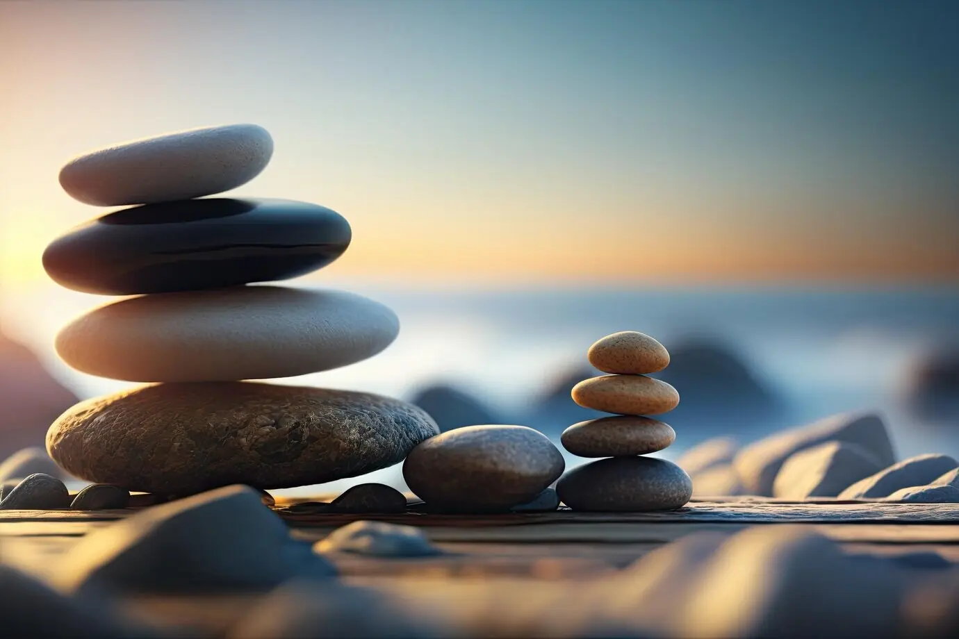 Gebalanceerde zenstenen op het strand, licht bij zonsopgang, meditatie en ontspanning, generatieve AI.