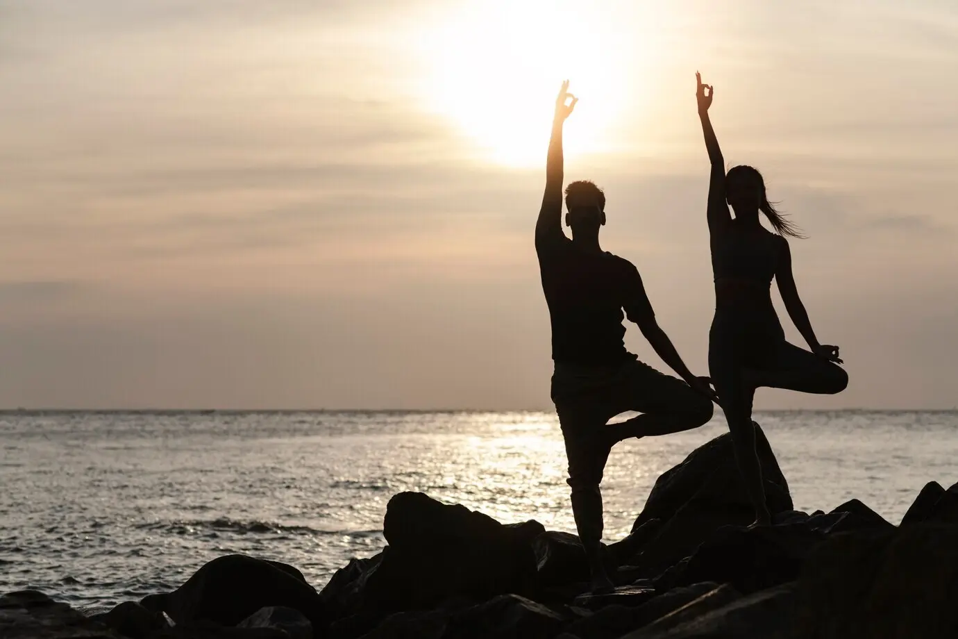 Totale opname van mensen die bij zonsondergang yoga doen.